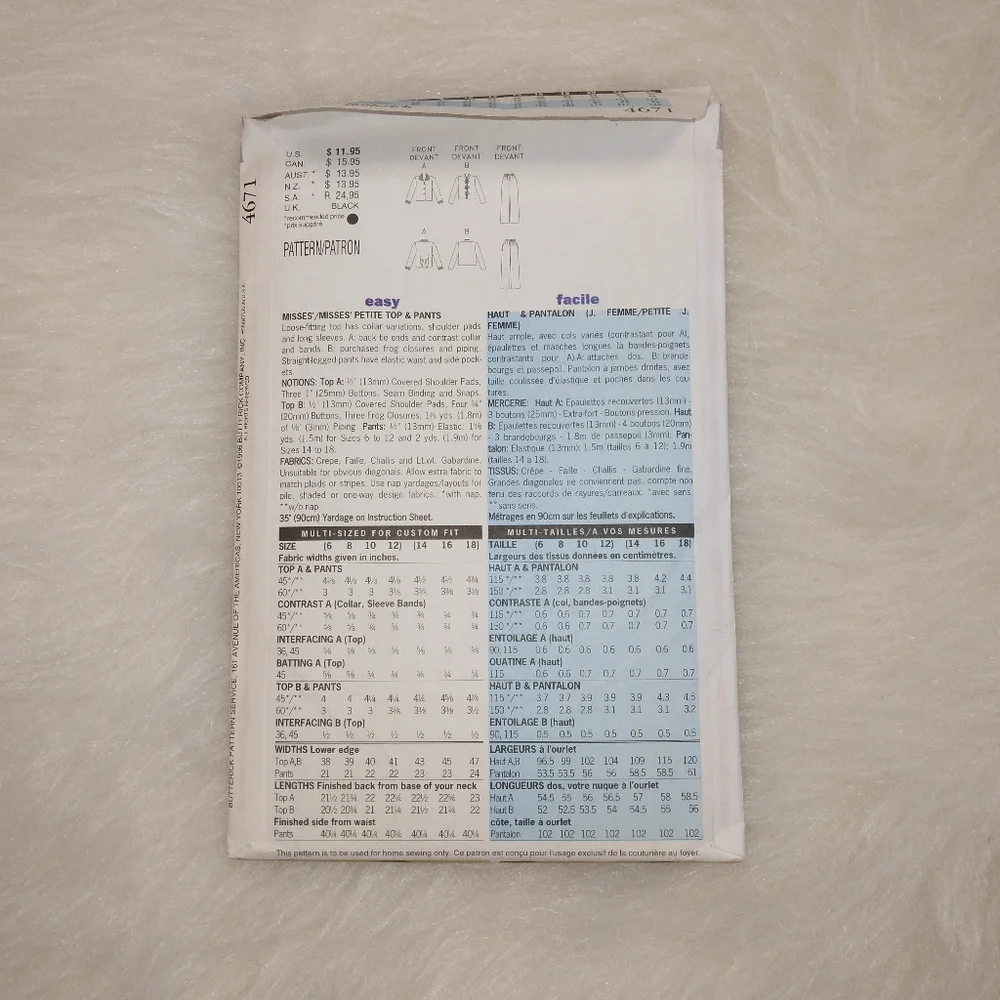 Butterick 4671 Donna Ricco EASY top and pant Size 6-8-10-12